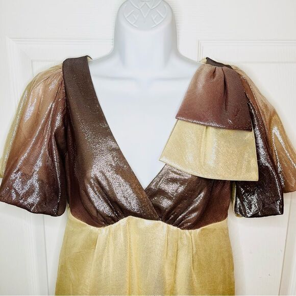 Voom by Joy Han Brown Orange Bow Shimmery Ombre Metallic Silk Cocktail Dress S - Picture 3 of 11